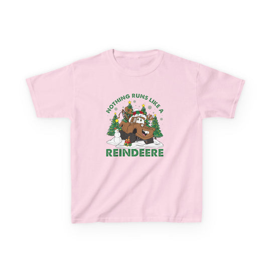 Reindeere Kids Tee featuring a festive reindeer-style vehicle with antlers, surrounded by Christmas trees, snowman, and presents. Perfect for everyday wear with durable cotton fabric.