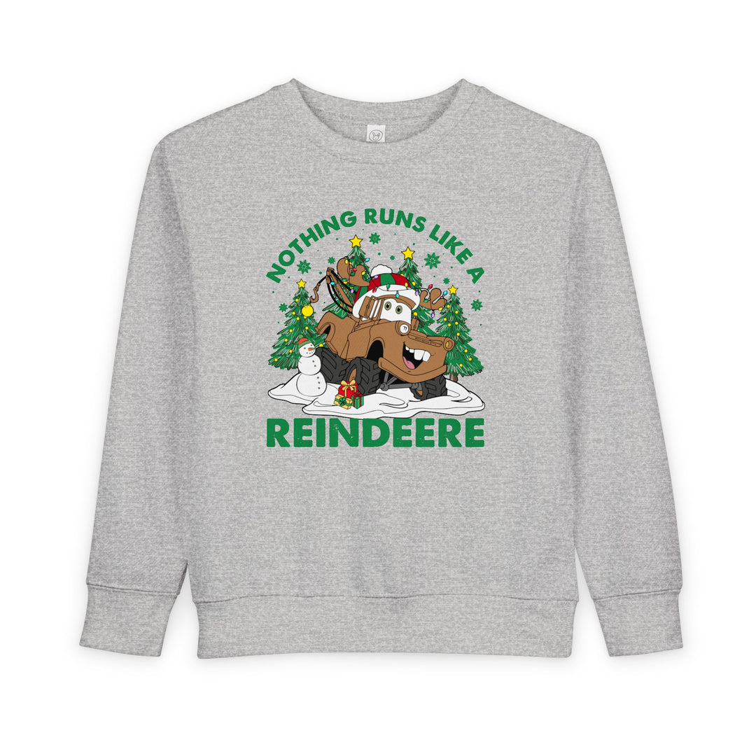 Reindeere Toddler Crew: Light-gray sweatshirt with a festive tow-truck reindeer cartoon, snowy scene, and slogan, ensuring warmth and comfort for toddlers.