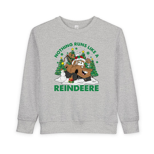 Reindeere Toddler Crew: Light-gray sweatshirt with a festive tow-truck reindeer cartoon, snowy scene, and slogan, ensuring warmth and comfort for toddlers.