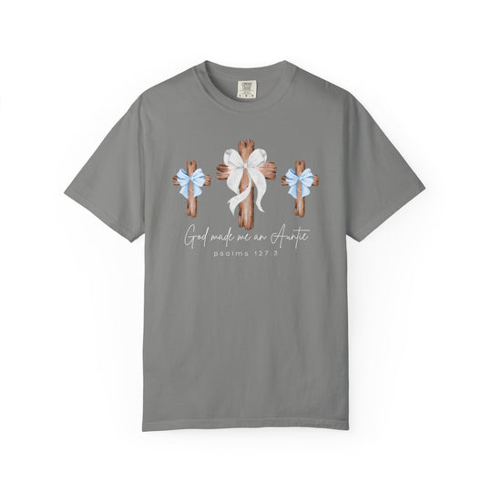 Heather-gray t-shirt featuring three rustic wooden crosses with bows and the phrase “God made me an Auntie,” ideal for faith-inspired, casual wear.
