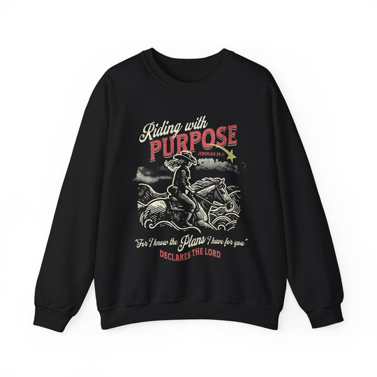 Riding for a Purpose Crew: Black sweatshirt featuring a cowboy graphic design, offering comfort with its polyester-cotton blend and ribbed knit collar for lasting shape.