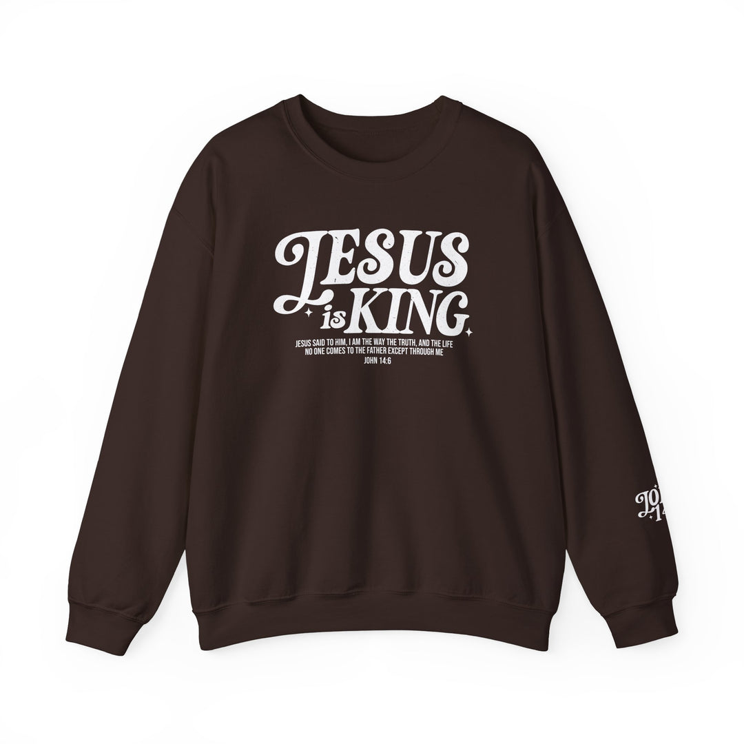 Jesus is King Crew: Brown sweatshirt featuring white text, ideal for casual wear. Made from a polyester-cotton blend, ensuring comfort and durability.