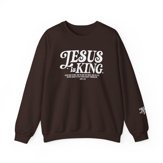 Jesus is King Crew: Brown sweatshirt featuring white text, ideal for casual wear. Made from a polyester-cotton blend, ensuring comfort and durability.