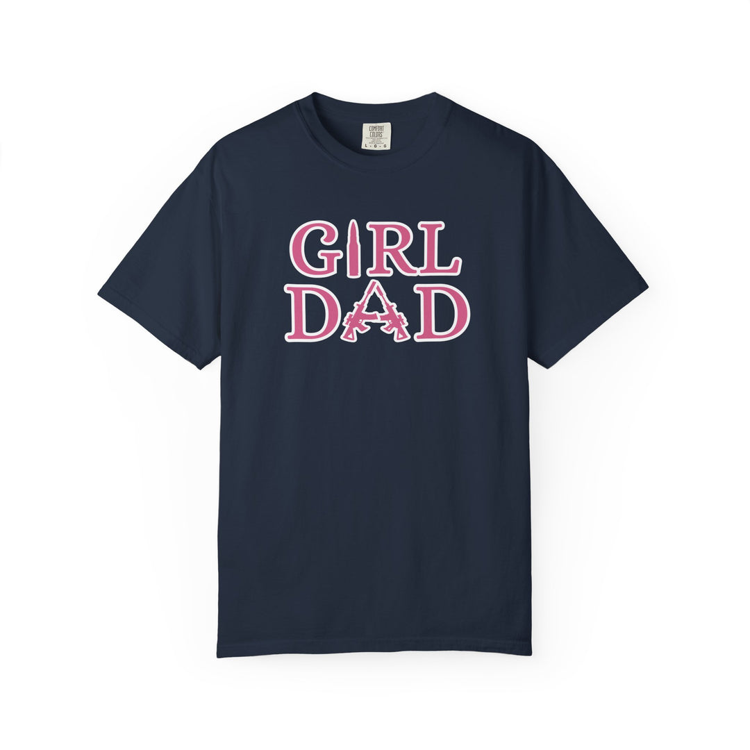 Girl Dad Tee: Blue t-shirt with pink text, featuring durable double-needle stitching and a soft, relaxed fit for everyday comfort.