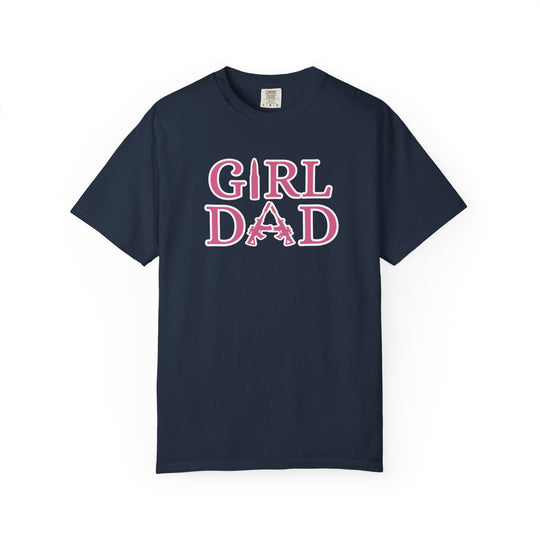 Girl Dad Tee: Blue t-shirt with pink text, featuring durable double-needle stitching and a soft, relaxed fit for everyday comfort.