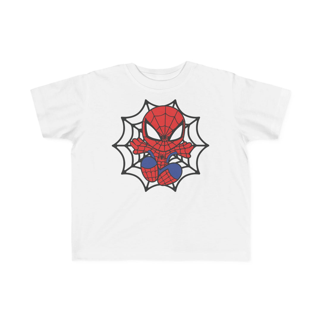 Spider Kid Toddler Tee featuring Spider-Man in red-and-blue costume crouched on a web, framed by a stylized spiderweb. Soft, durable 100% cotton, ideal for toddlers.