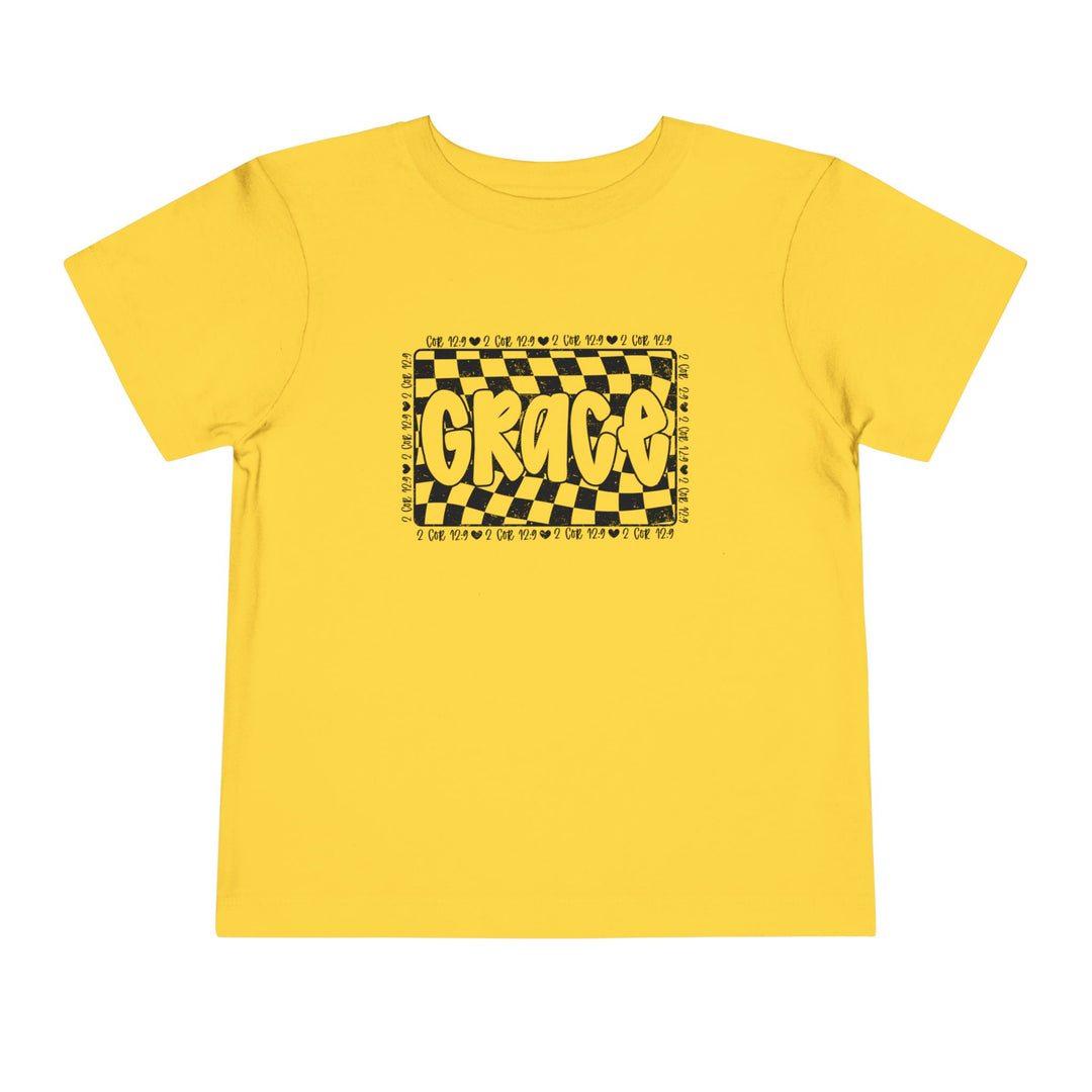 Grace Toddler Tee, a yellow short sleeve shirt featuring a black and yellow design, made from 100% Airlume combed cotton, offering comfort and style for kids.