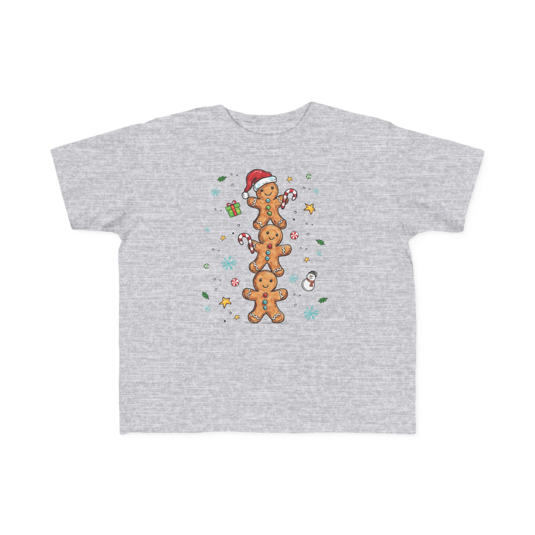 Gingerbread Stack Toddler Tee: Light-gray T-shirt with festive gingerbread people design, perfect for sensitive skin, featuring holiday accents like snowflakes and candies.