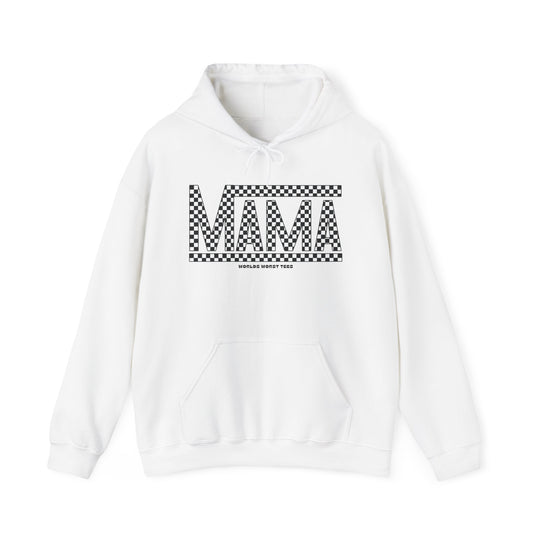 Unisex Vans Mama Hoodie: White sweatshirt with black and white text, kangaroo pocket, drawstring hood. Cotton-polyester blend, plush feel, no side seams, tear-away label, classic fit. Ideal for printing.