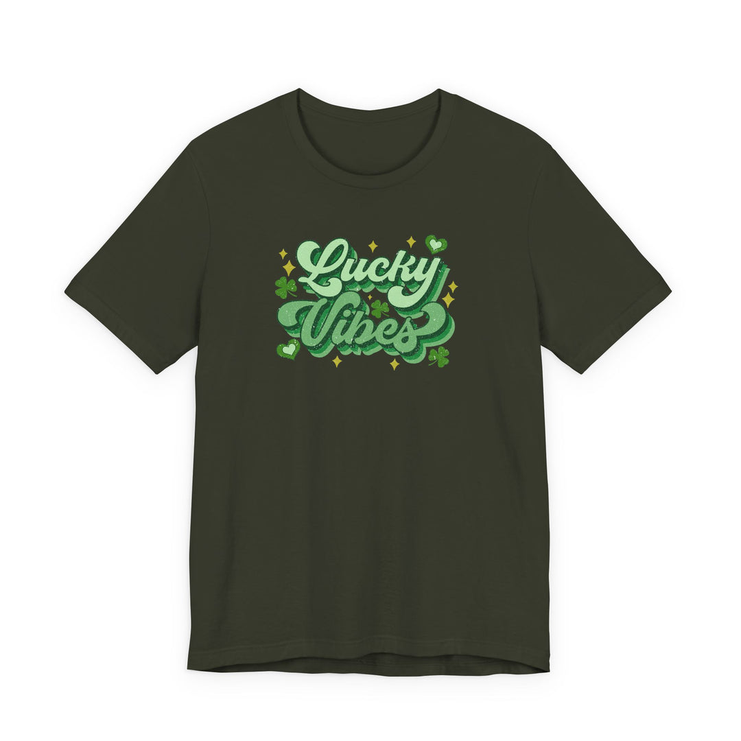 Good Day Lucky Day Tee featuring 'Lucky Vibes' graphic with shamrocks and stars, showcasing a trendy, soft cotton design for a stylish, comfortable fit.