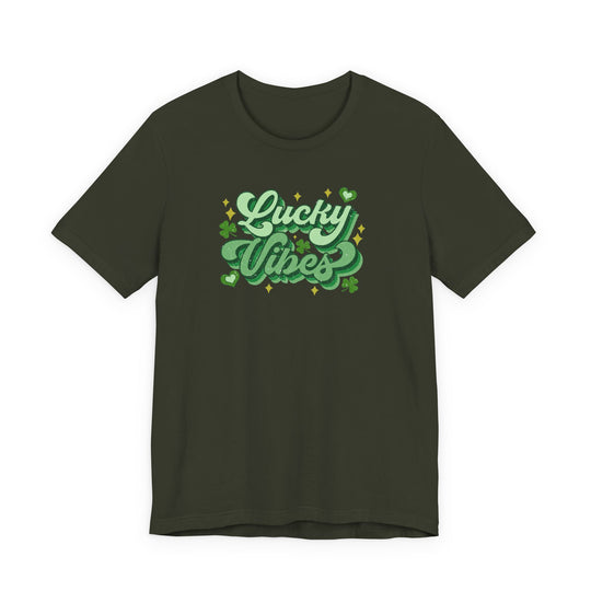 Good Day Lucky Day Tee featuring 'Lucky Vibes' graphic with shamrocks and stars, showcasing a trendy, soft cotton design for a stylish, comfortable fit.