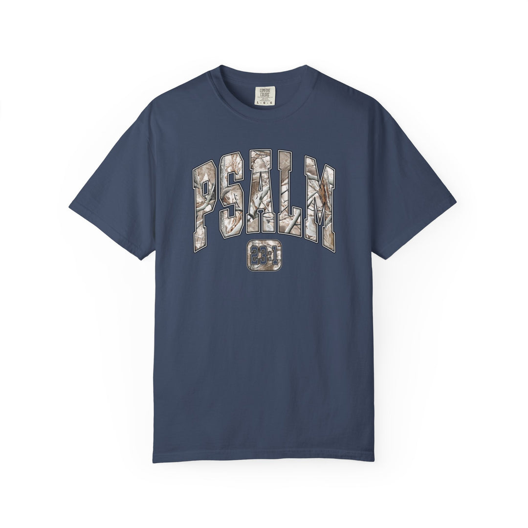 Camo Psalm 23 Tee featuring a navy-blue design with PSALM in camo pattern and 23:1 below; short sleeves, available in multiple sizes.