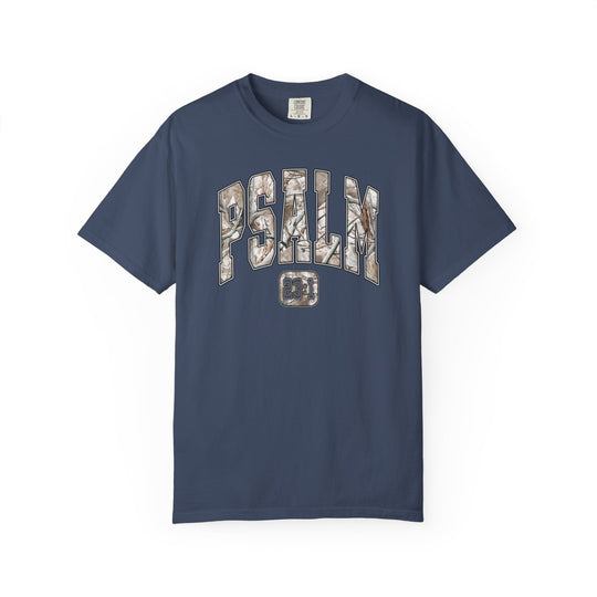 Camo Psalm 23 Tee featuring a navy-blue design with PSALM in camo pattern and 23:1 below; short sleeves, available in multiple sizes.