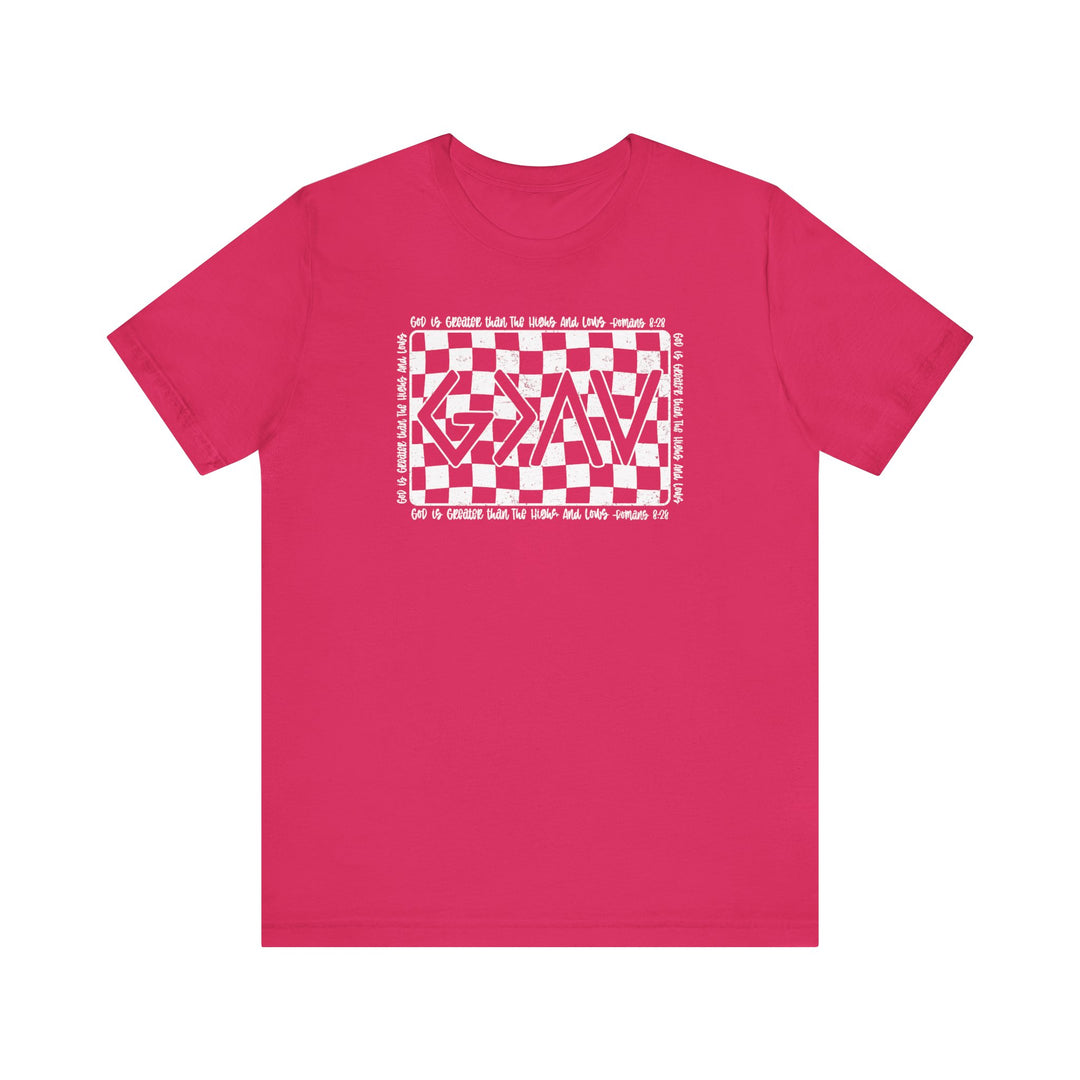 God Highs and Lows Tee: A pink t-shirt featuring white text, crafted from soft cotton with ribbed collars and reinforced shoulders for a comfortable, durable fit.