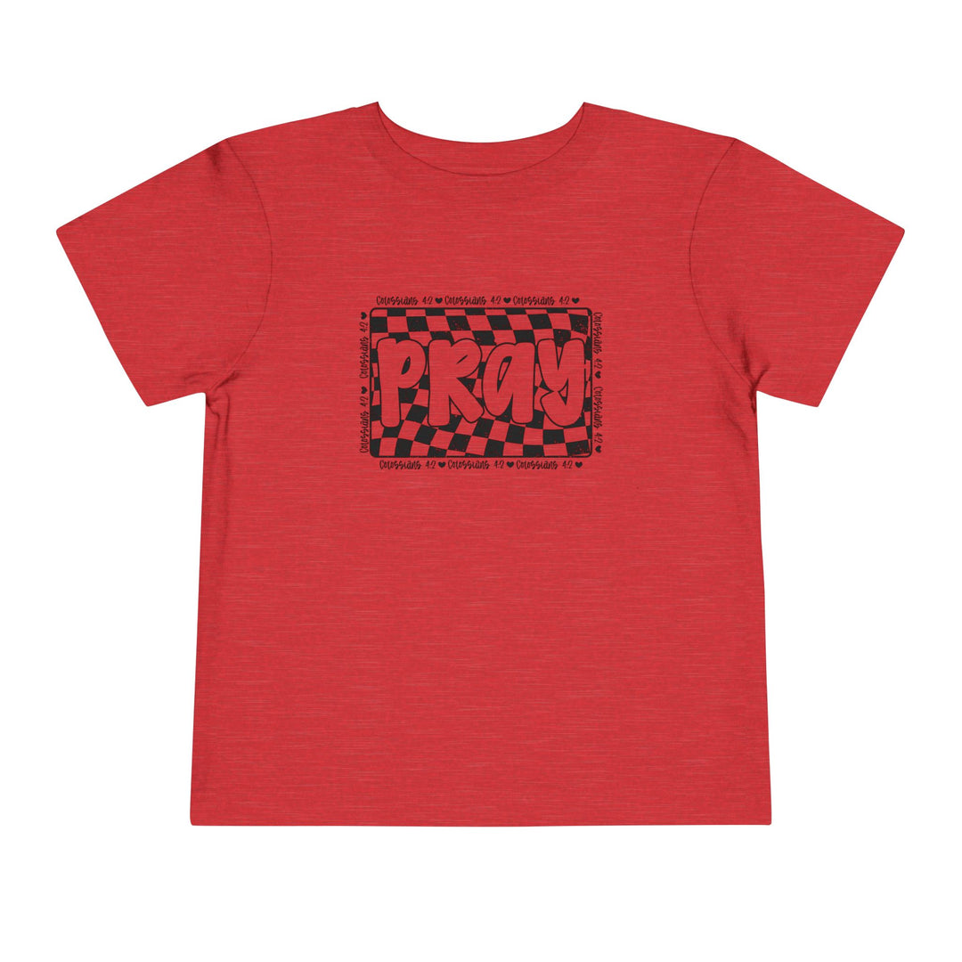 Pray Toddler Tee: A red toddler t-shirt featuring a bold black and red design, made from 100% Airlume cotton for comfort and durability.