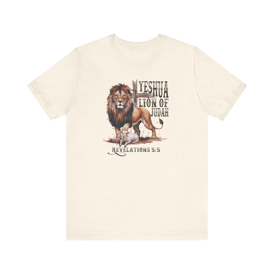 Yeshua Lion of Judah Tee featuring a lion and lamb graphic on a classic, soft cotton unisex t-shirt, designed for comfort and style.