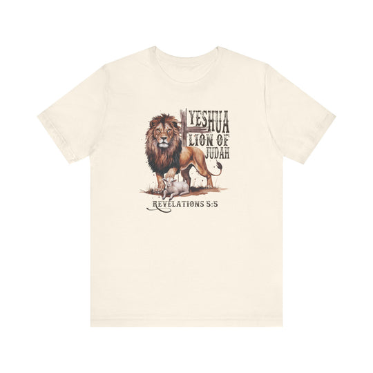 Yeshua Lion of Judah Tee featuring a lion and lamb graphic on a classic, soft cotton unisex t-shirt, designed for comfort and style.