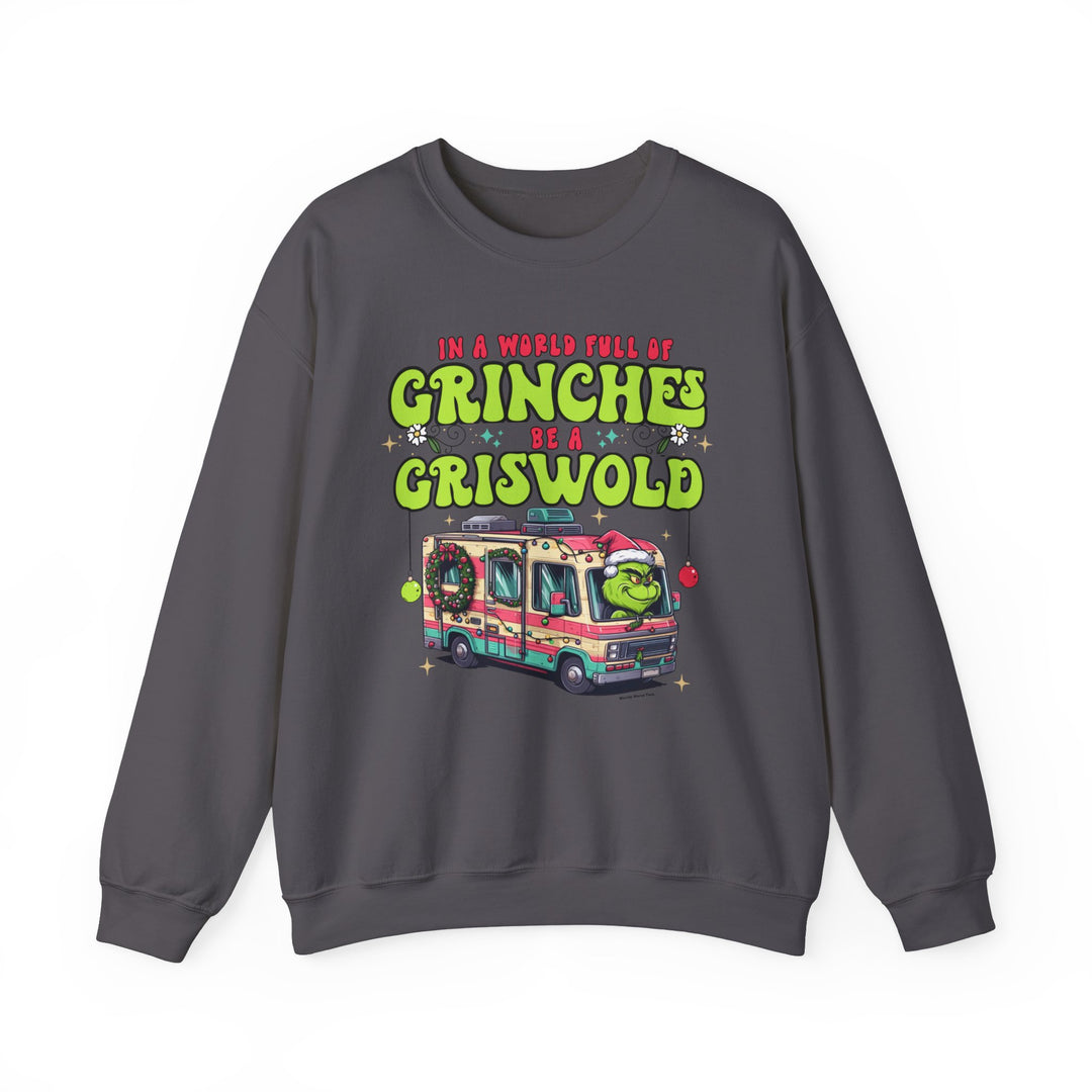 Unisex heavy blend crewneck sweatshirt featuring a cartoon image of a Grinch driving a camper. Comfortable, loose fit with ribbed knit collar. 50% cotton, 50% polyester, medium-heavy fabric. Sewn-in label.