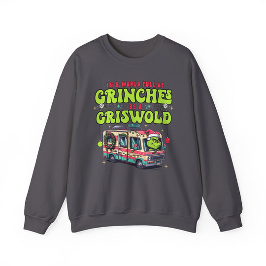 Unisex heavy blend crewneck sweatshirt featuring a cartoon image of a Grinch driving a camper. Comfortable, loose fit with ribbed knit collar. 50% cotton, 50% polyester, medium-heavy fabric. Sewn-in label.