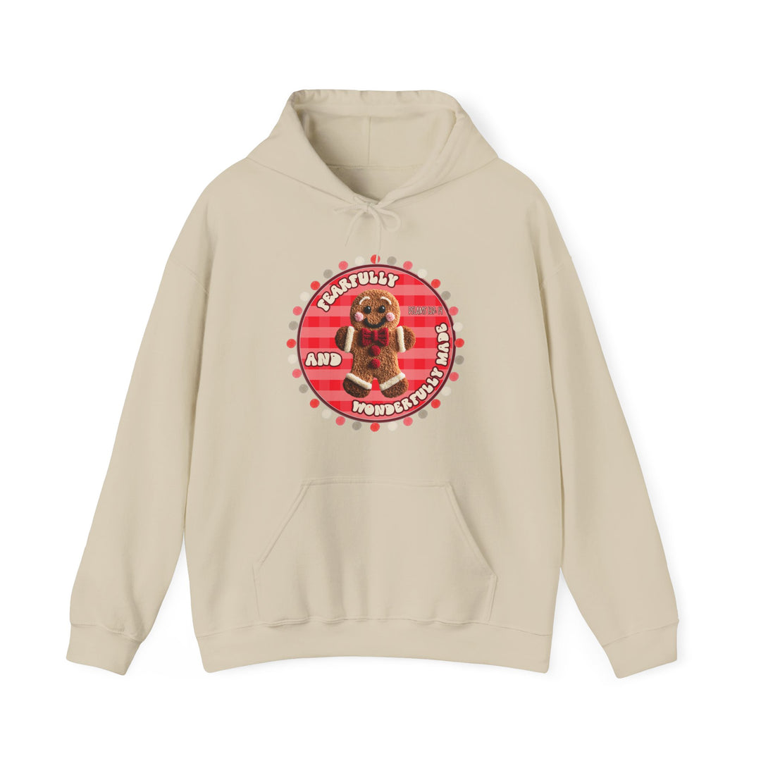 Wonderfly Made Hoodie featuring a gingerbread-man graphic and Fearfully and Wonderfully Made text, designed for warmth and comfort in a cotton-polyester blend.