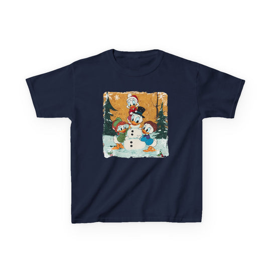 Duck Snowmen Kids Tee features Donald Duck and nephews building a snowman in a snowy forest, printed on a durable, soft navy-blue cotton T-shirt.