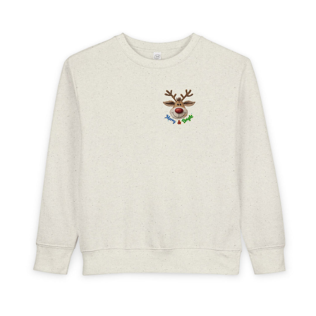 Merry and Bright Toddler Crew: Off-white pullover with a smiling reindeer graphic and festive text, offering warmth and style for toddlers.