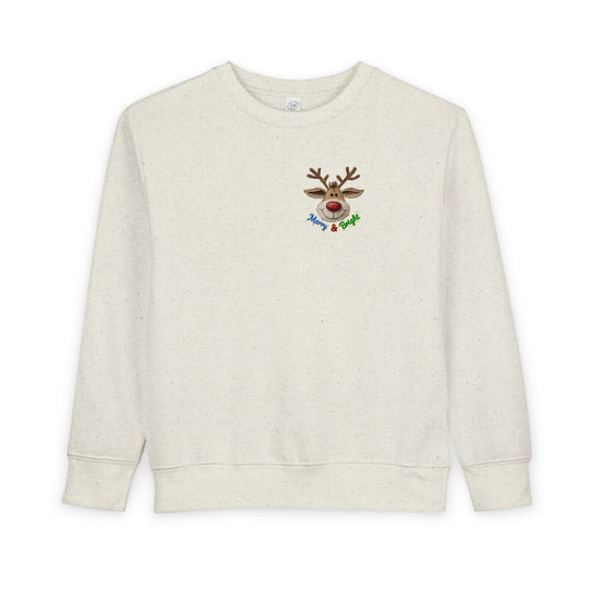 Merry and Bright Toddler Crew: Off-white pullover with a smiling reindeer graphic and festive text, offering warmth and style for toddlers.