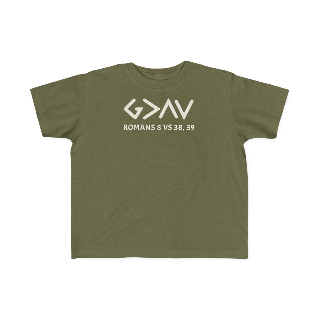 God is Greater Tee: A green toddler t-shirt featuring white text, designed for comfort and durability with high-quality print, perfect for sensitive skin.