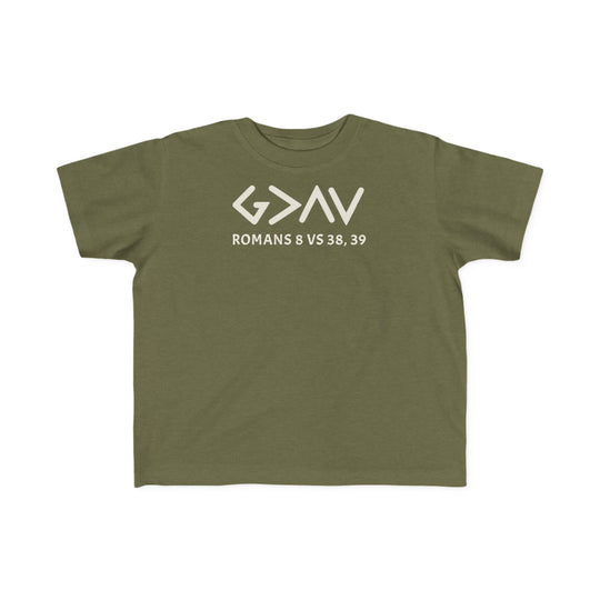 God is Greater Tee: A green toddler t-shirt featuring white text, designed for comfort and durability with high-quality print, perfect for sensitive skin.