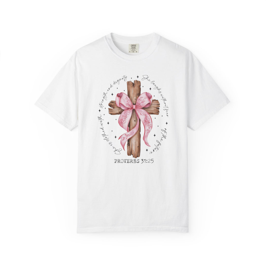 Proverbs 31:25 Tee featuring a rustic wooden cross with a pink ribbon and motivational scripture, highlighting strength and dignity. Available in various sizes for stylish comfort.