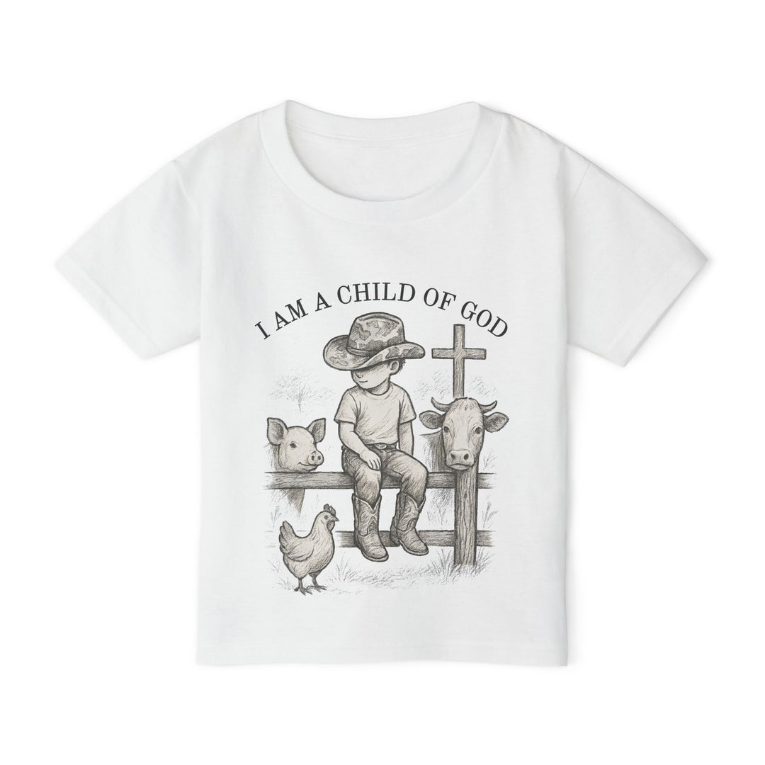 I am a Child of God Toddler Tee features a cowboy-hat boy on fence with animals, promoting comfort and eco-friendly style from Faith Family Designs.