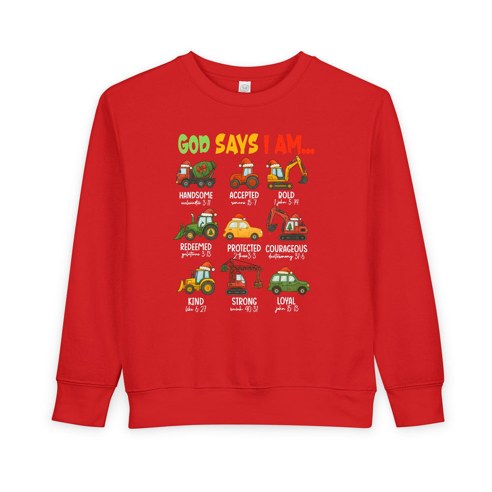 God Says Christmas Truck Toddler Crew sweatshirt features nine Santa-hat construction vehicles with affirmations, perfect for cozy, faith-inspired toddler wear.