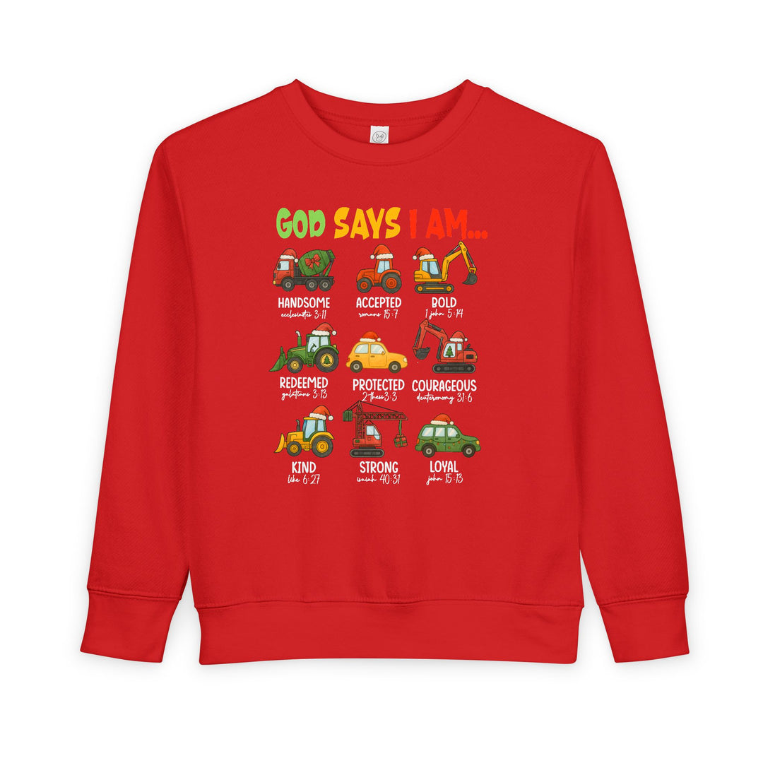 God Says Christmas Truck Toddler Crew sweatshirt features nine Santa-hat construction vehicles with affirmations, perfect for cozy, faith-inspired toddler wear.