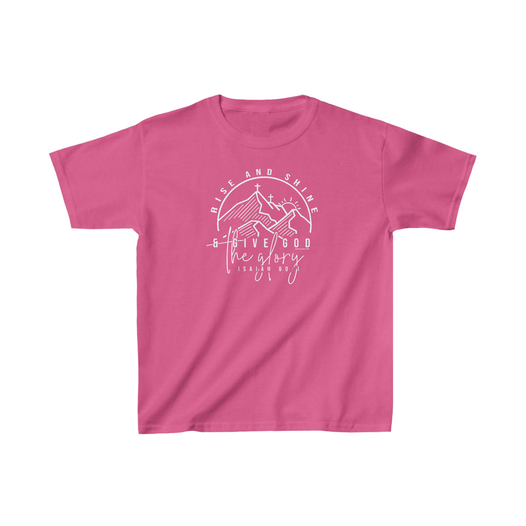 A pink Rise and Shine Kids Tee, featuring white text, a cross, and mountains. 100% cotton, light fabric, classic fit, tear-away label. Perfect for everyday wear. From Worlds Worst Tees.