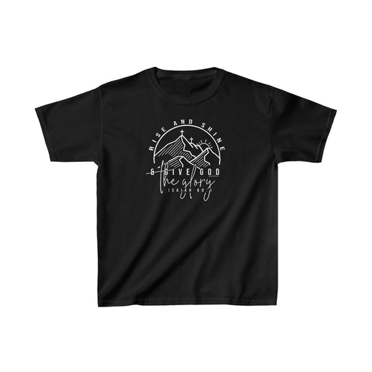 Rise and Shine Kids Tee: Black shirt with white text, cross, and mountains. 100% cotton, 5.3 oz, classic fit, tear-away label. Perfect for everyday wear.