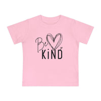 Light-pink baby tee with Be KIND graphic, featuring a heart motif, crafted from soft, durable cotton. Suitable for infants, offering comfort and style.
