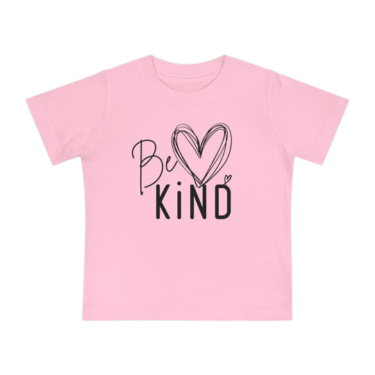 Light-pink baby tee with Be KIND graphic, featuring a heart motif, crafted from soft, durable cotton. Suitable for infants, offering comfort and style.
