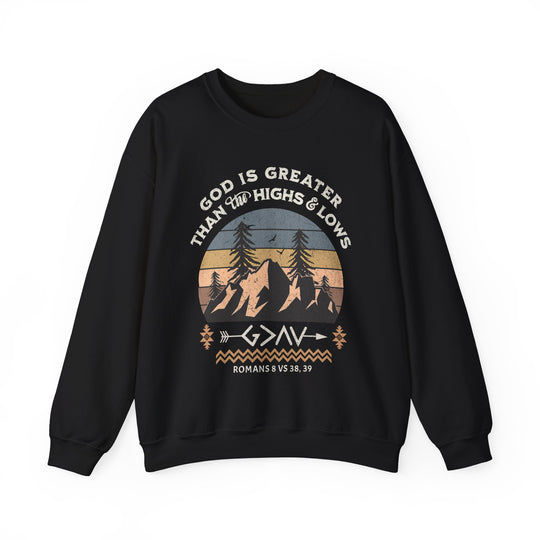 God Is Greater Crew: Black sweatshirt featuring a graphic mountain design with trees and birds, made from a comfortable polyester-cotton blend for a stylish, cozy fit.