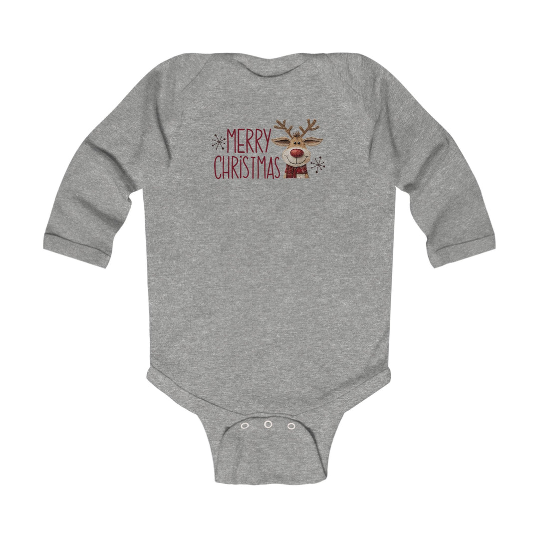 Merry Christmas Reindeer Onesie: Heather-gray long-sleeve infant bodysuit featuring festive reindeer graphic, crotch snaps, and ribbed bindings for durability and comfort.