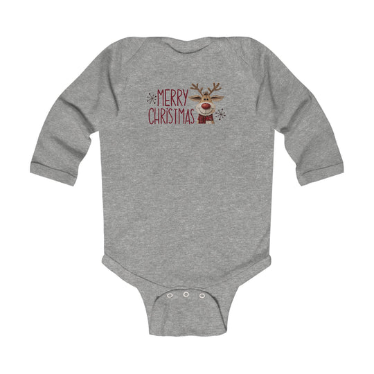 Merry Christmas Reindeer Onesie: Heather-gray long-sleeve infant bodysuit featuring festive reindeer graphic, crotch snaps, and ribbed bindings for durability and comfort.