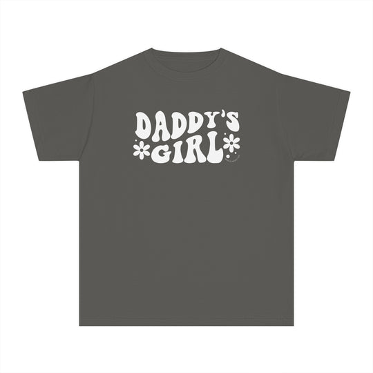 Kid's tee shirt with white text, designed for active days. Made of 100% combed ringspun cotton, soft-washed, and garment-dyed. Features a classic fit for all-day comfort. Sew-in twill label. Styled for Daddy's Girl Kids Tee.