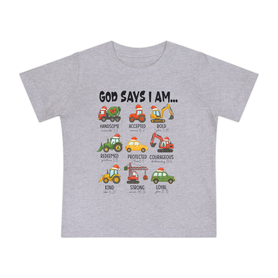 Light-gray children's T-shirt featuring GOD SAYS I AM… with cartoon vehicles in Santa hats, each representing a positive attribute and Bible reference. Ideal for stylish, comfortable wear.