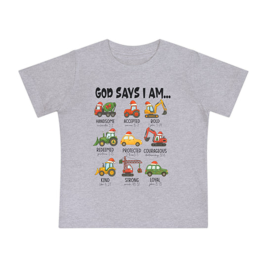 Light-gray children's T-shirt featuring GOD SAYS I AM… with cartoon vehicles in Santa hats, each representing a positive attribute and Bible reference. Ideal for stylish, comfortable wear.