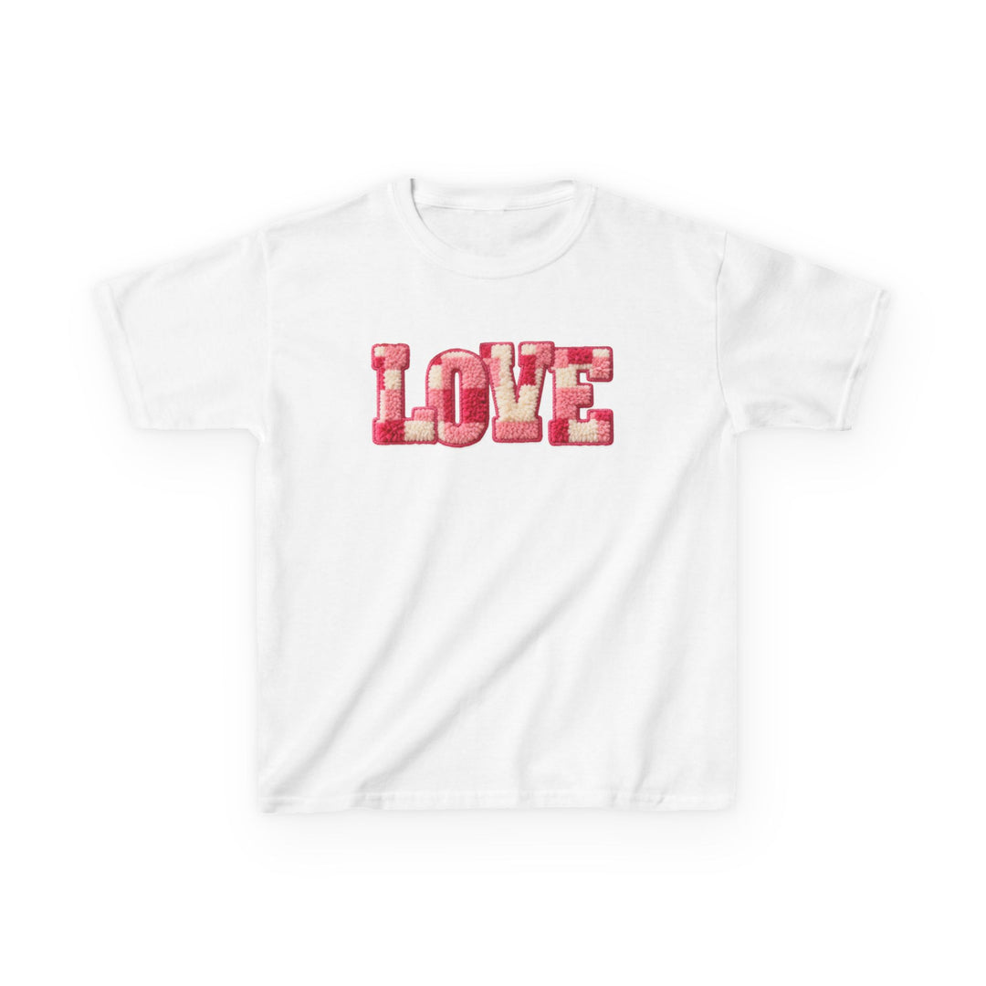 Kids' Love Tee: A white T-shirt featuring textured LOVE in pink and cream, designed for durability and comfort with 100% cotton fabric.