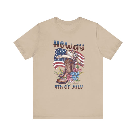 A tan t-shirt featuring a cowboy hat, boots, and flowers, embodying a Western charm. Made of 100% Airlume combed cotton, with ribbed knit collars and taping on shoulders for lasting quality. From Worlds Worst Tees.