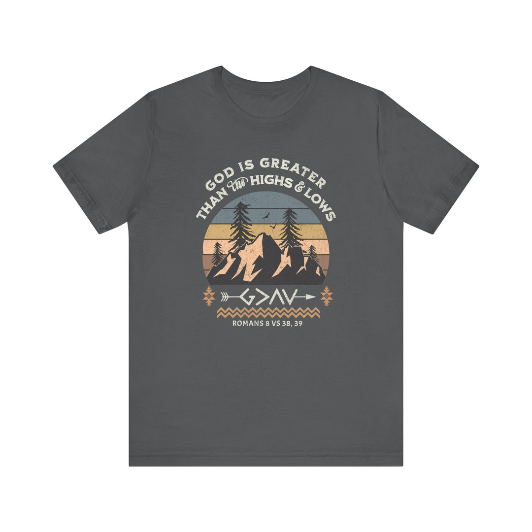 God is Greater Tee featuring a mountain and tree graphic design on a classic grey unisex jersey short sleeve t-shirt, ideal for casual wear.
