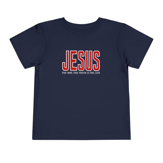 Jesus the Way, the Truth, the Life Toddler Tee showcases bold JESUS print, ideal for kids' wardrobes with comfy 100% cotton, tear-away label design.