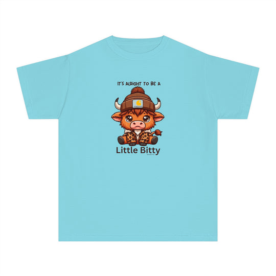 A Little Bitty Kids Tee featuring a cartoon cow on a blue shirt. Ideal for active kids, made of soft combed cotton for comfort and agility. Classic fit for all-day wear.