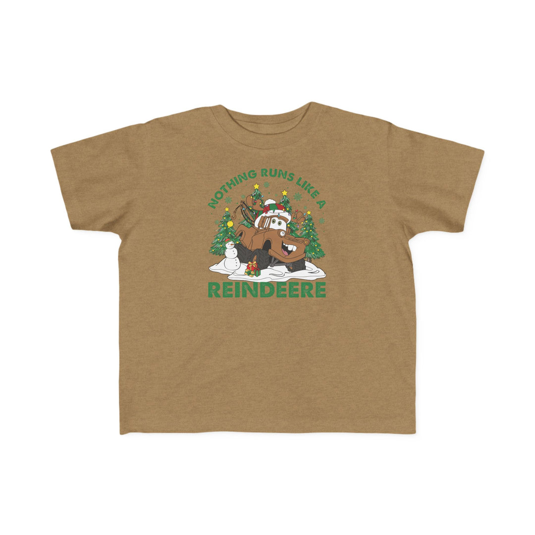 Reindeere Toddler Tee features a festive cartoon truck with reindeer elements, snowman, gifts, and trees, perfect for toddler adventures in soft, durable cotton.