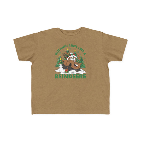 Reindeere Toddler Tee features a festive cartoon truck with reindeer elements, snowman, gifts, and trees, perfect for toddler adventures in soft, durable cotton.